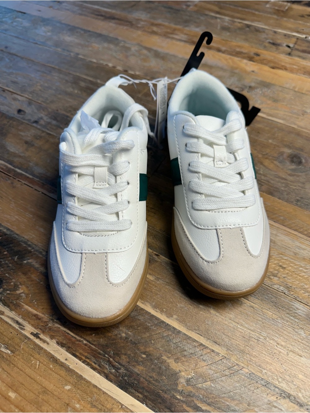 Old Navy White Sneakers with Tan Toe and Green Stripe